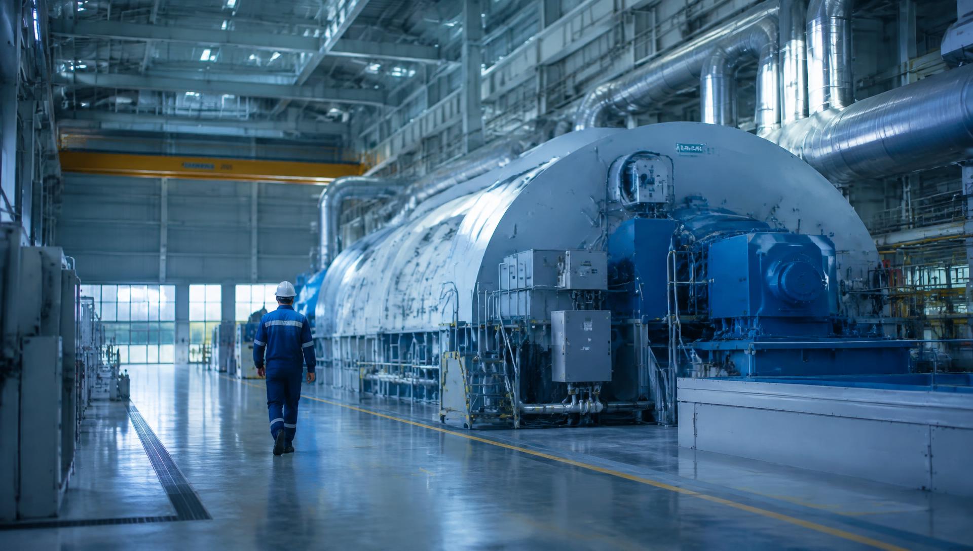 Technician alongside a gas turbine in an industrial power plant